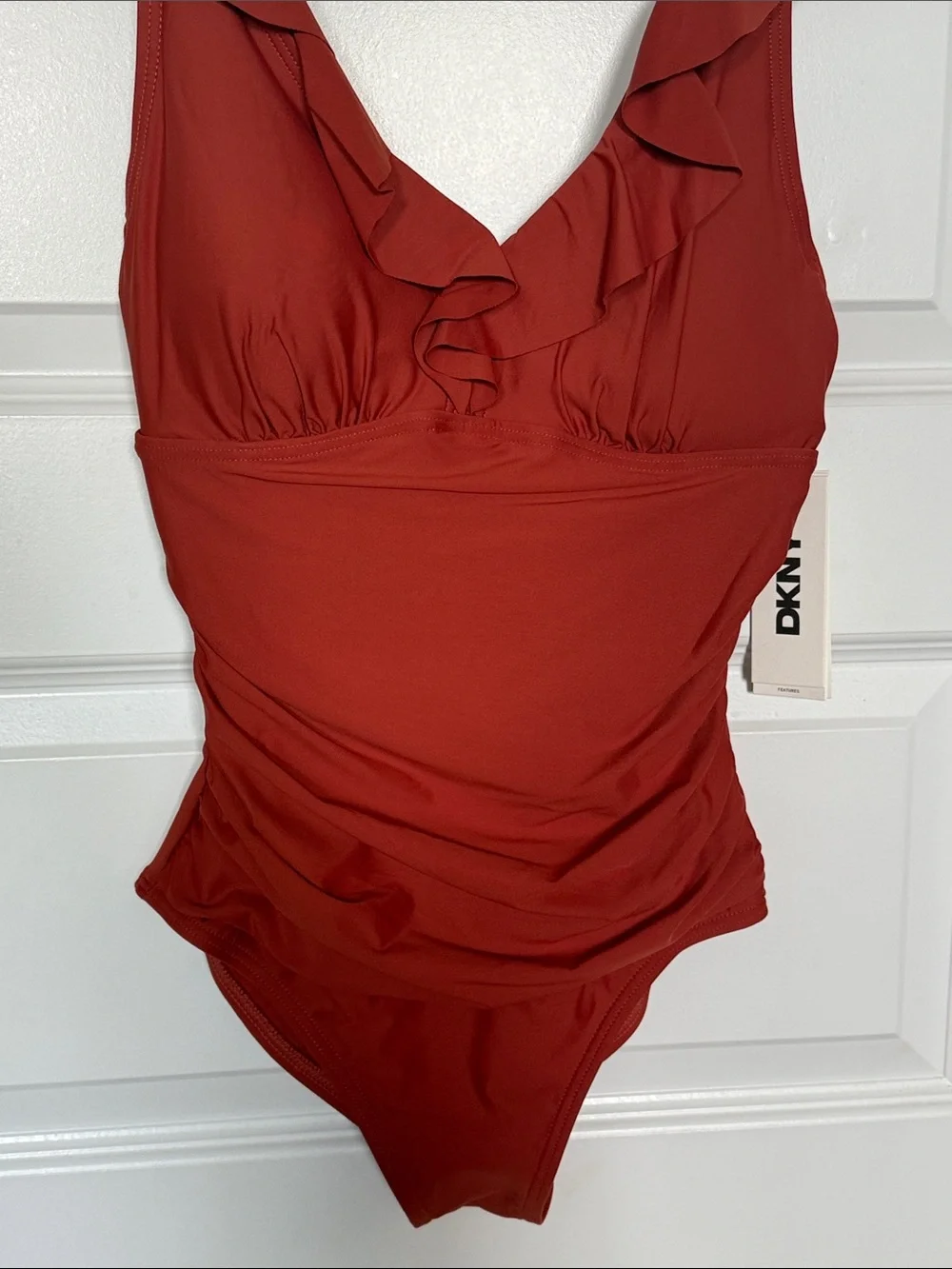 NWT DKNY Rust Ruffle V-Neck One-Piece Swimsuit Sz small - Picture 5 of 9